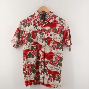 Tommy‎ Hilfiger Shirt Mens Large Hawaiian Tropical Floral Hibiscus Red Excellent